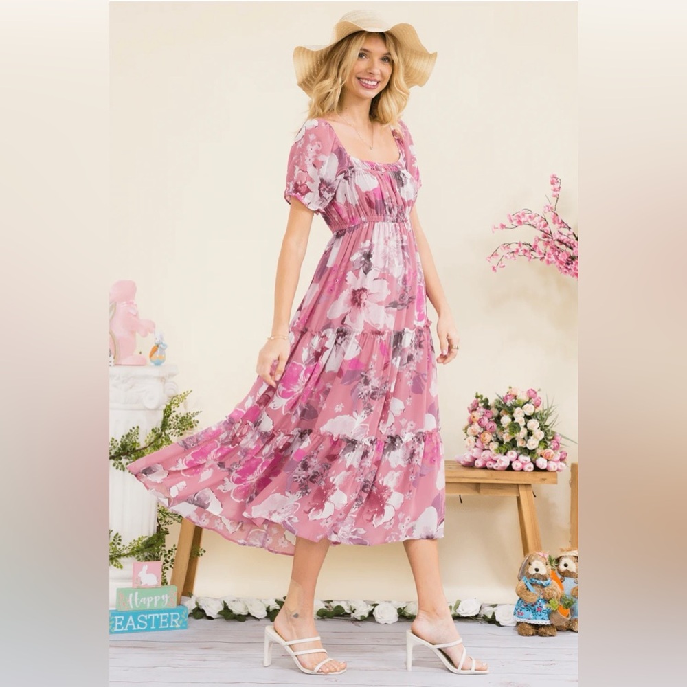 WOMEN'S SHORT SLEEVE SQUARE NECK ELASTIC WAIST FLORAL PRINT MIDI DRESS - Picture 3 of 9